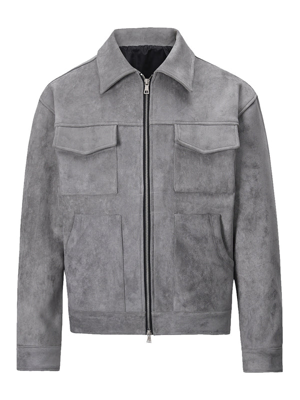 Faux Suede Zip-Up Jackets Outerwear– Utility Style with Chest Pockets