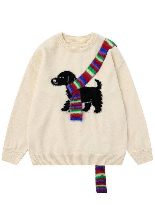 Knitted Pullover Sweater with Playful Dog and Colorful Scarf Design