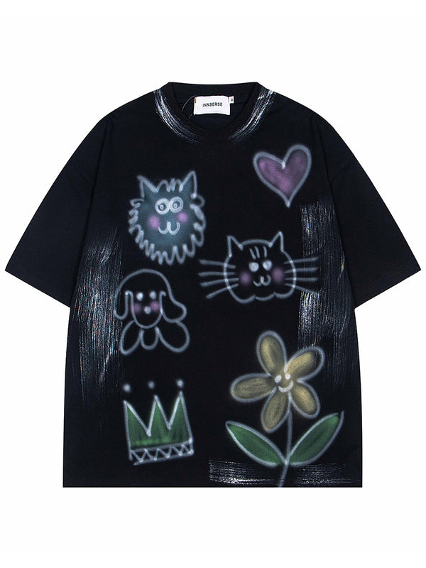 Playful Doodle Graphic Oversized T-Shirts Casual Streetwear Tee