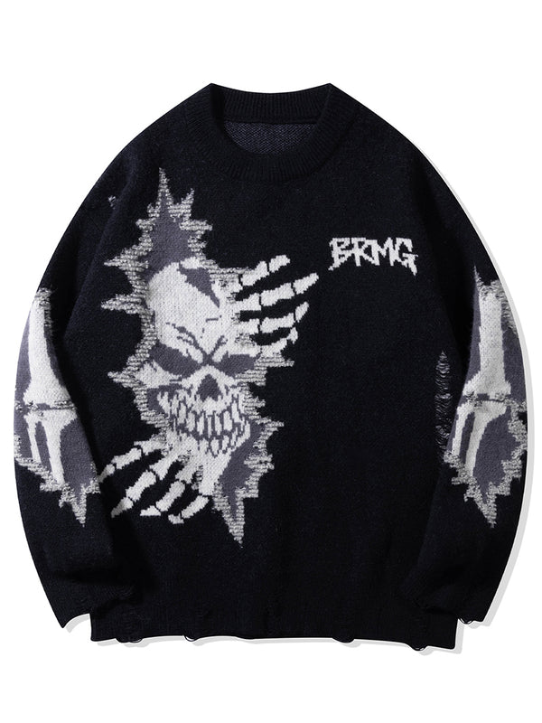 Streetwear Punk Gothic Skull Graphic Knitted Sweater Pullover Knitwear