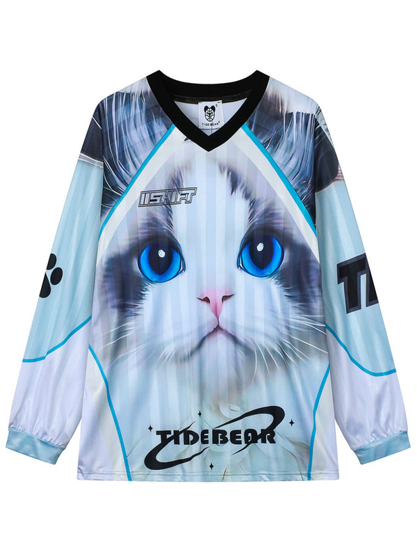 Cute Blue-Eyed Cat Print Long Sleeve Oversized Streetwear Top Tshirts Jersey