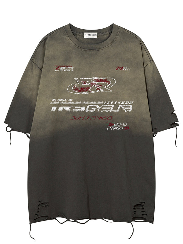 Men’s Racing Graphic Washed Cotton T-Shirt – Distressed Streetwear Tee