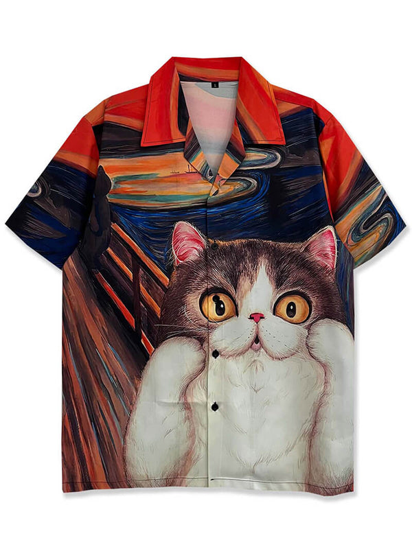 Funny Cute Cat Graphic Print Hawaiian Beach Shirts Tops