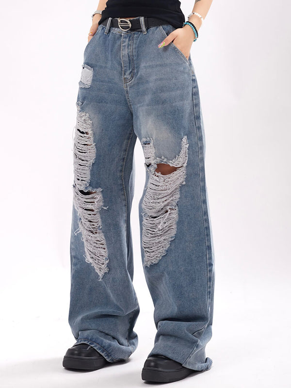 Ripped Hole Destroy Beggar Washed Denim Pants Jeans