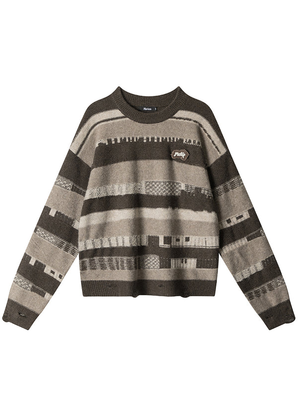 Oversized Distressed Knit Sweater with Abstract Striped Pattern