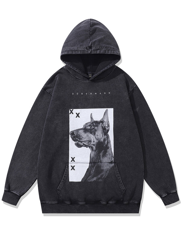 Streetwear Dobermann Dog Graphic Washed Pullover Hoodies