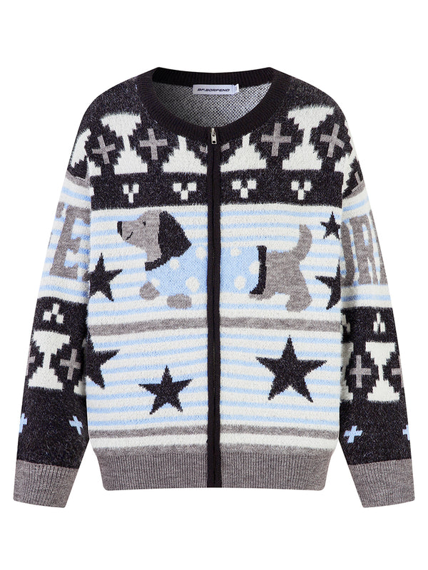 Streetwear Animal Pattern Knitted Cardigan – Cozy Zip-Up Sweaters