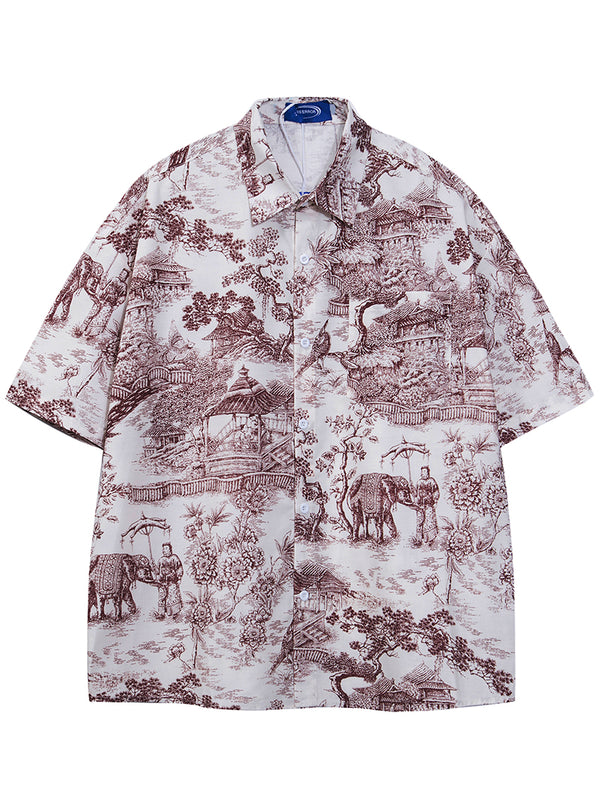Vintage Oriental Print Button-Up Shirt – Summer Streetwear Casual Tops