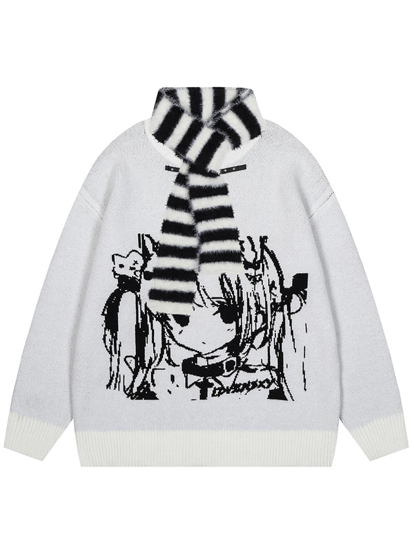 Oversized Anime-Inspired Knitted Jumper Sweater with Faux Fur Scarf