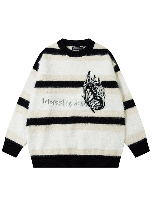 Embroidered Flame Butterfly Soft Striped Knitted Pullover Sweaters