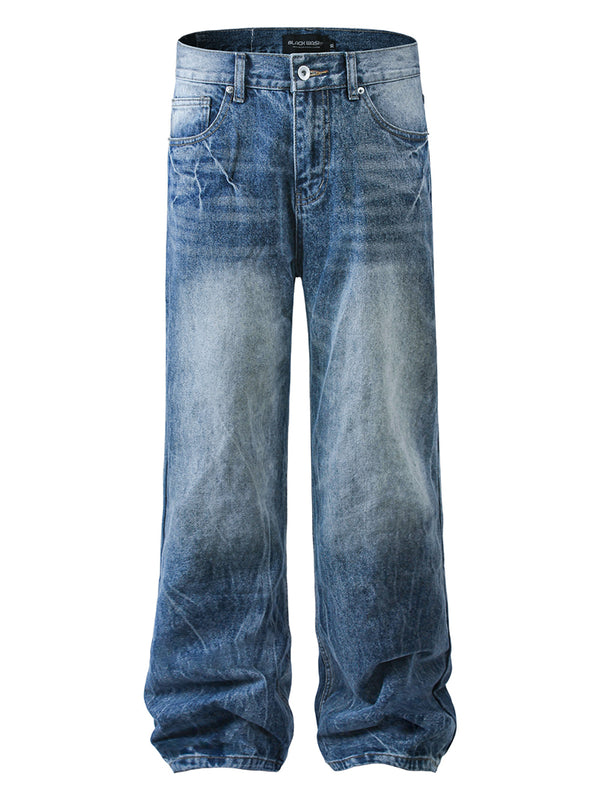 Straight Distressed Washed Denim Pants Clean Fit Casual Jeans