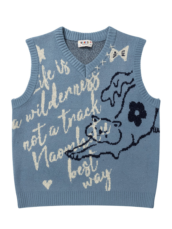 Graphic Knit Sweater Vest Creative Animal Design Casual Streetwear