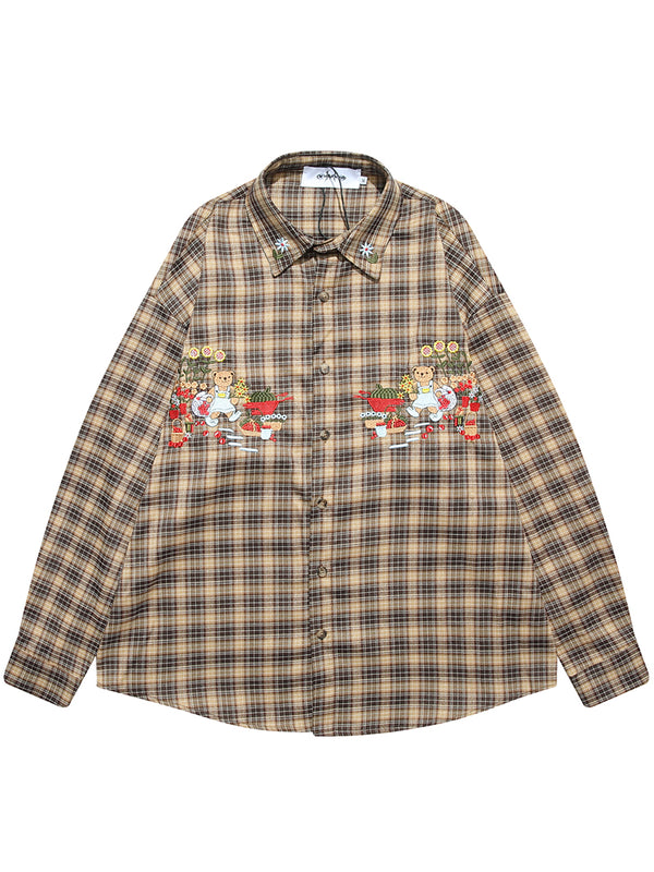 Teddy Bear Embroidery Vintage Casual Button Up Plaid Shirts