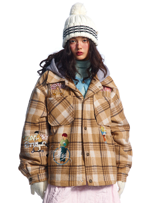 Streetwear Plaid Cartoon Embroidery Padded Jackets Warm Coats