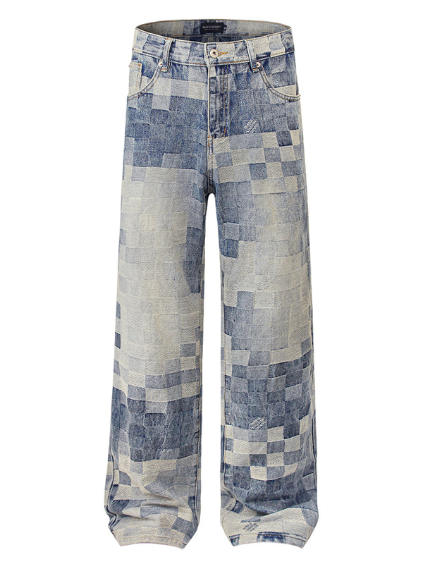 Streetwear Mosaic Plaid Washed Jeans Distressed Denim Pants