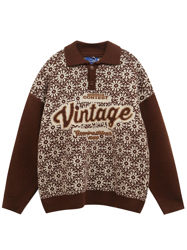 Streetwear Vintage Graphic Turndown Collar Knitted Pullover Sweaters