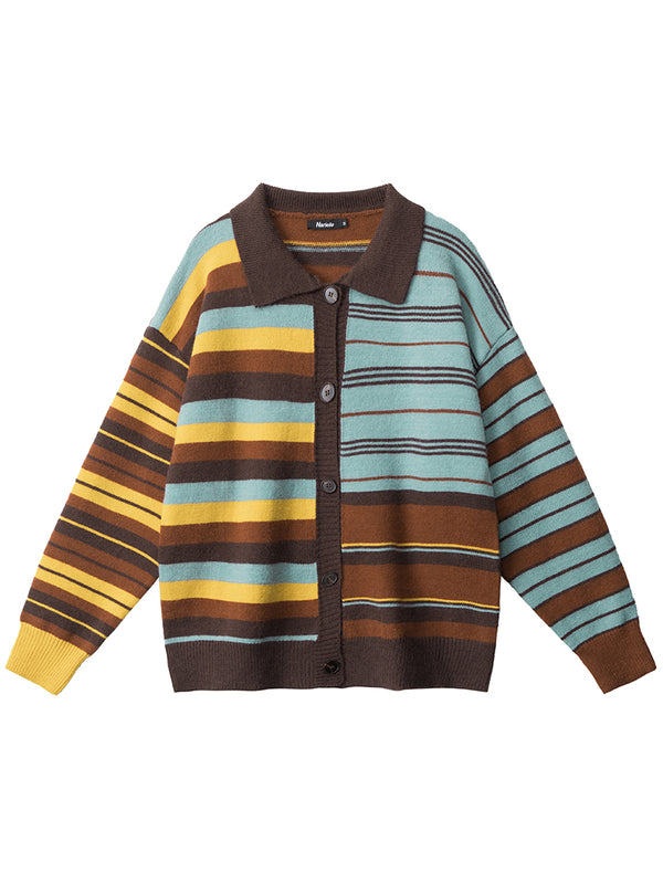 Striped Color Block Knitted Cardigan Sweaters Streetwear Layer