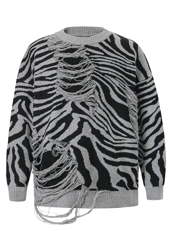 Streetwear Zebra Striped Ripped Oversized Knitted Pullover Sweaters