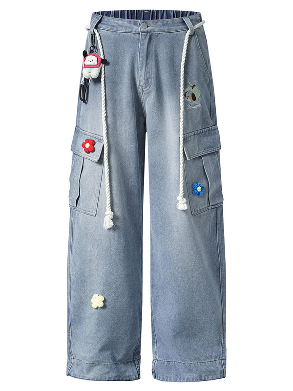 Wide-Leg Cargo Denim Pants with Rope Belt and Floral Embroidery