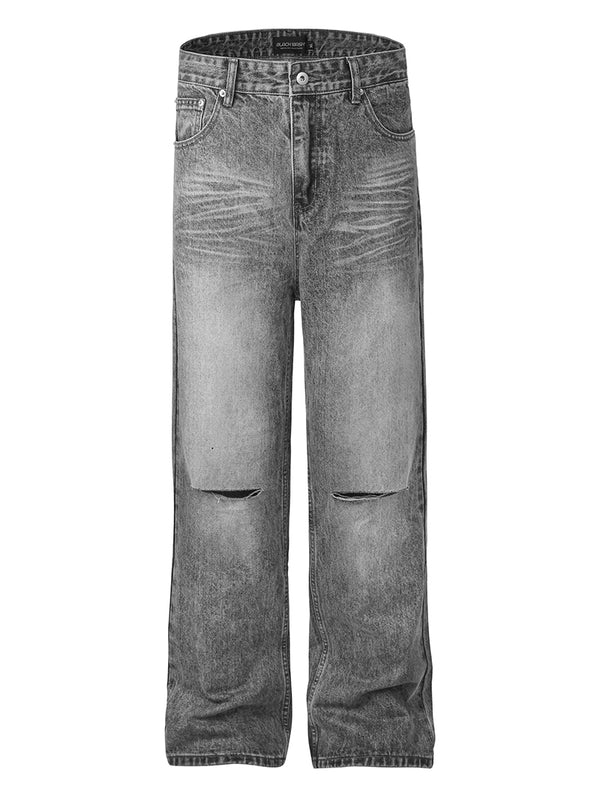 Streetwear Distressed Hole Wide Leg Jeans Washed Denim Pants