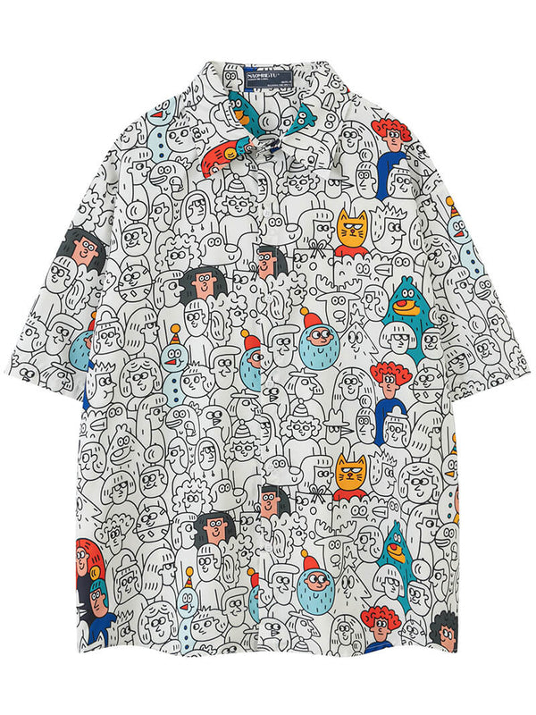 American Streetwear Cartoon Graffiti Printed Hawaiian Beach Shirts