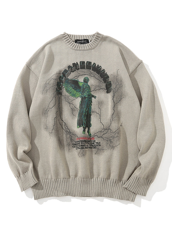 Streetwear Oversized Knitted Sweaters Lightning Angel Graphic Pullovers