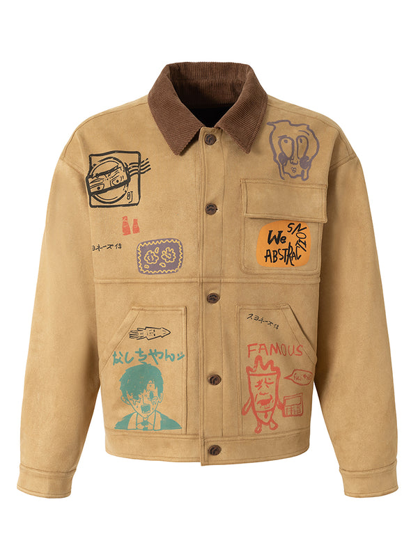 Corduroy Collar Graffiti Workwear Jackets, Casual Streetwear Coats