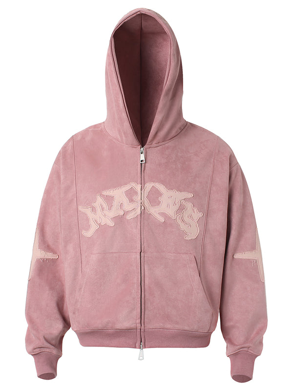 Streetwear Suede Zip Up Hoodies Heavy Embroidery & Oversized Hood