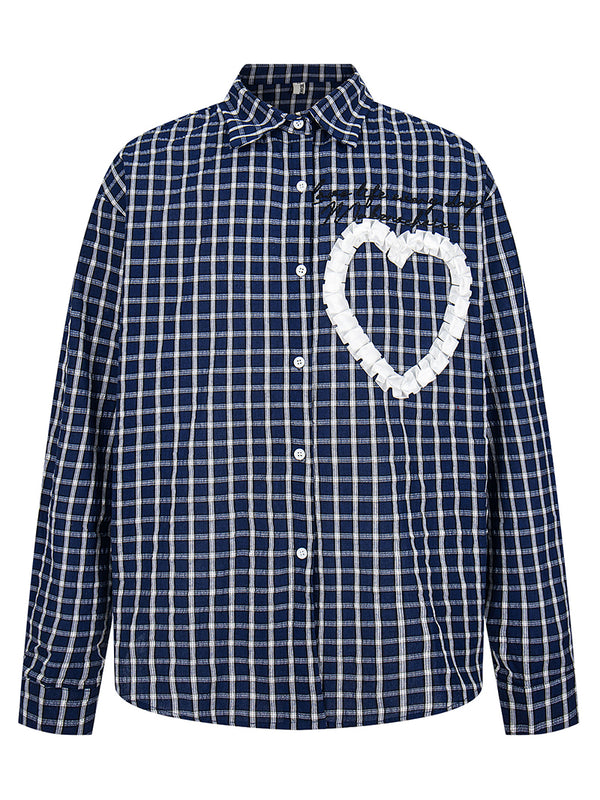 Heart Patchwork Plaid Cotton Shirt Casual Long Sleeve Button Up Blouse