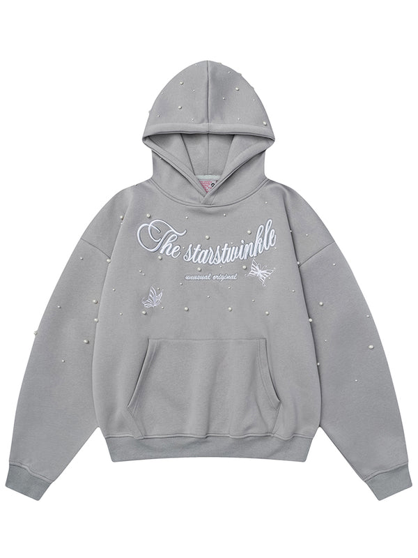 Oversized Pearl Embellished Embroidered Hoodie – Casual Pullover Sweatshirt
