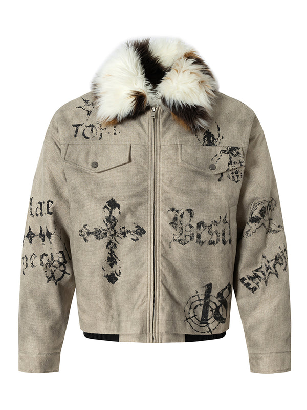 Gothic Print Faux Fur Collar Padded Jacket – Vintage Streetwear Style