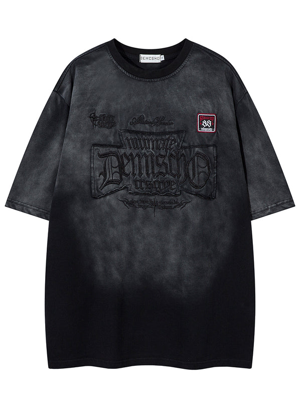 Embroidered Patch Design Vintage Gothic T-Shirt Washed Streetwear Tees