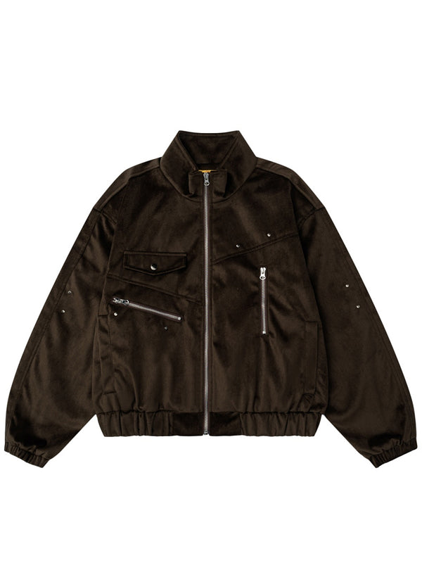 Stylish Pockets Velvet Stand Collar Jackets Casual Fashion Outerwear
