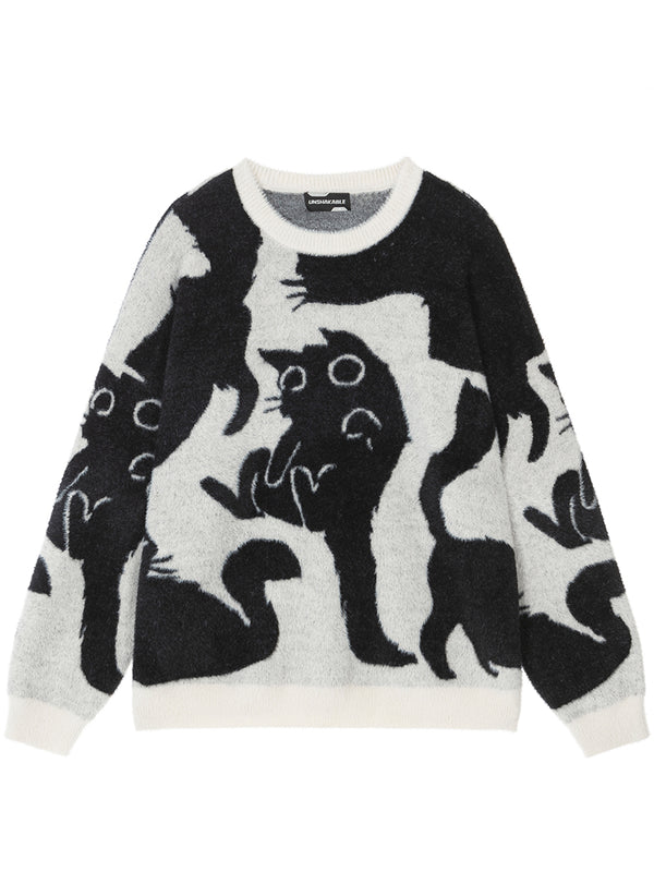 Faux Mink Fur Cat Graphic Unisex Streetwear Knitted Sweaters Pullover