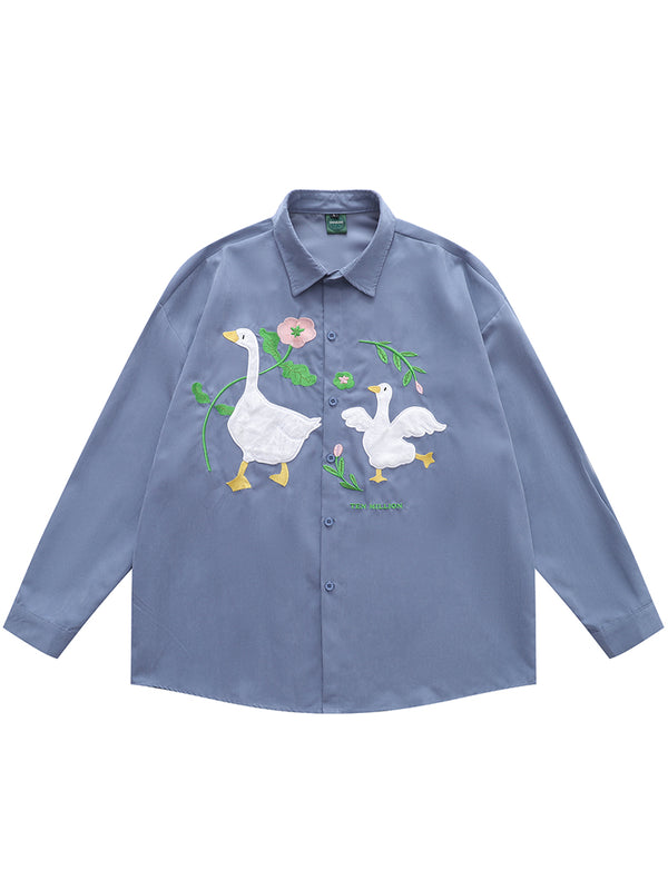 Streetwear Funny Embroidery Goose Patch Blouse Long Sleeve Shirts