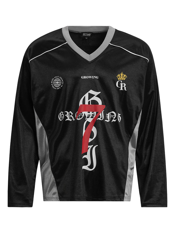 Streetwear Gothic Number Print Long Sleeve Jersey Contrast Panels Top
