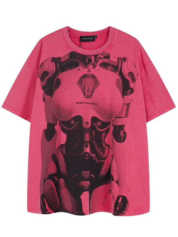 Funny Robot Girl Graphic Print Punk Tshirt Oversized Streetwear