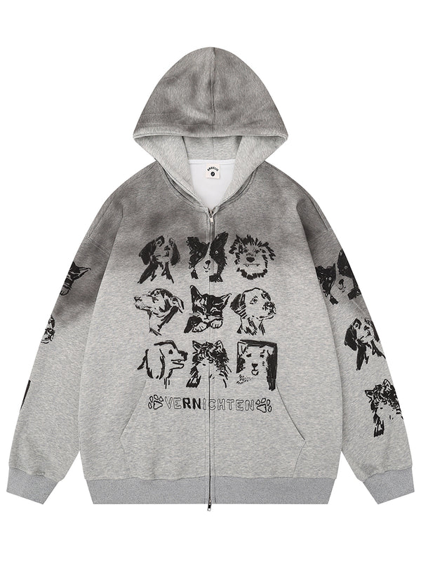 Dog Graphic Zip-Up Hoodies – Gradient Color Block Hooded Sweatshirts
