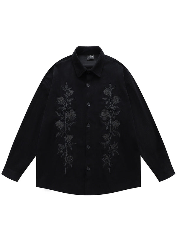 Corduroy Rose Embroidered Long Sleeve Button Up Shirts