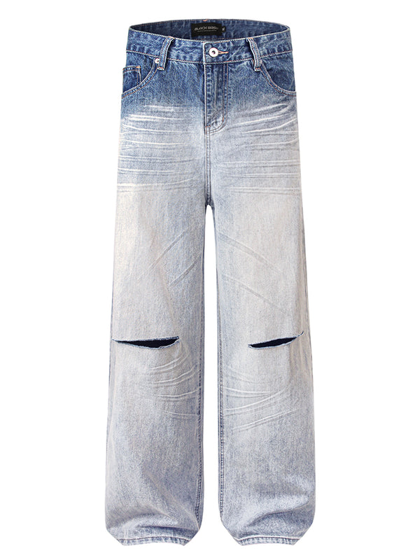 Streetwear Distressed Hole Gradient Wide Leg Denim Jeans Pants