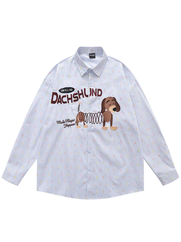 Cartoon Dog Embroidery Shirt – Casual Streetwear Button Up