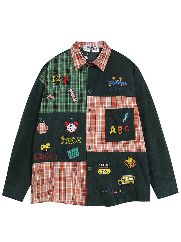 Vintage Patchwork Embroidered Corduroy Button Up Shirts