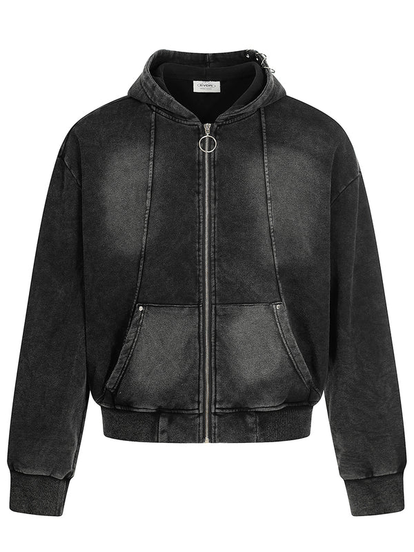 Vintage Zip-Up Hoodie – Washed Cotton, Relaxed Fit, Streetwear Style