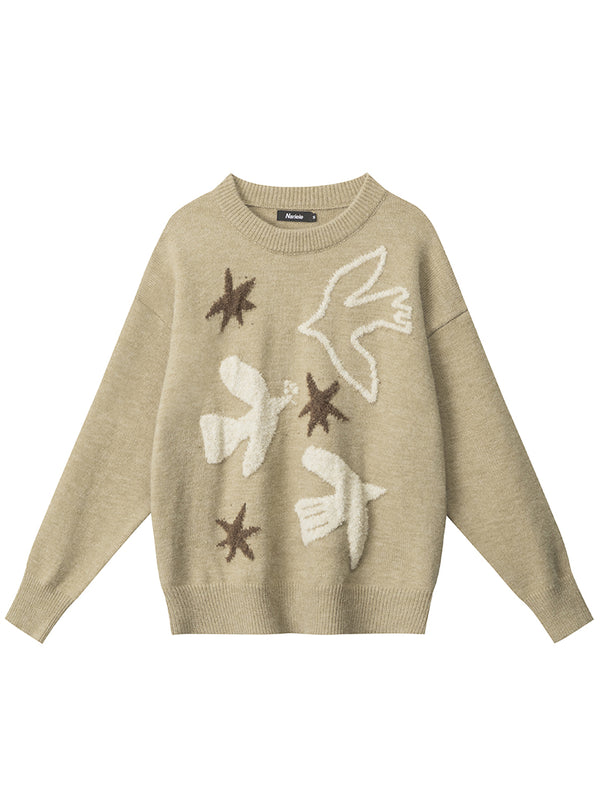 Knitted Sweater with Bird & Star Pattern – Streetwear Casual Pullover Top