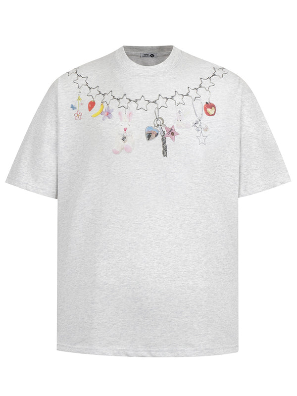 Graphic T-Shirt with Star Chain Print – Casual Cotton Streetwear Tees
