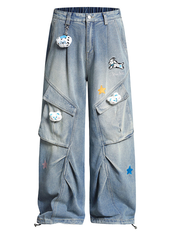Kawaii Wide Leg Cargo Jeans – Cute Cartoon Denim Pants, Streetwear