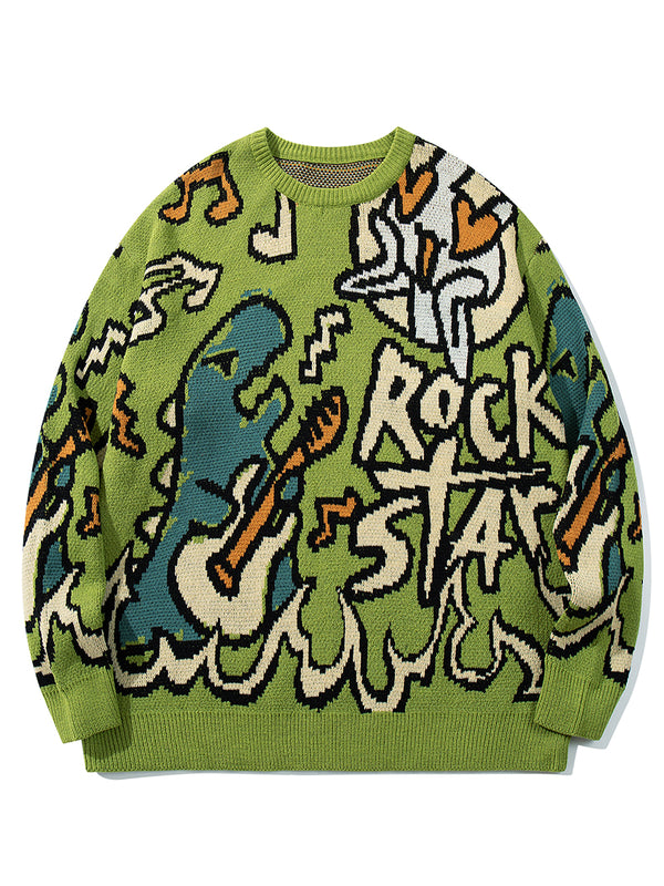 Streetwear Rock Star Dinosaur Graphic Knitted Pullover Sweaters