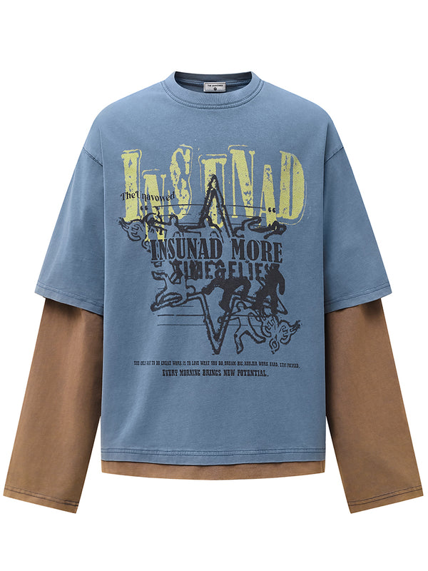 Oversized Cotton T-Shirt with Contrast Sleeves and Artisti Print