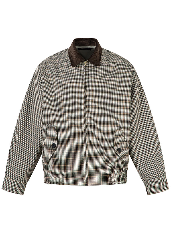 Houndstooth Zip Jacket with Corduroy Collar – Vintage Casual Outerwear