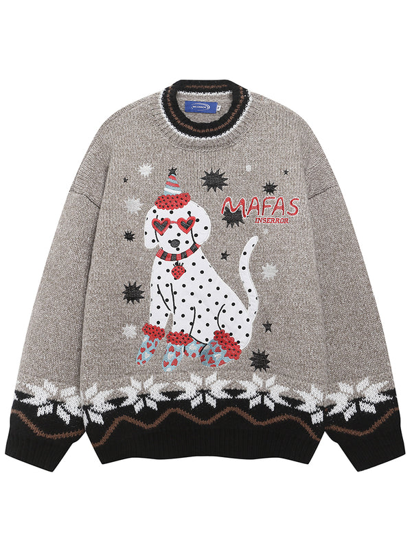 Cozy Oversized Knit Sweaters Playful Dog Graphic Winter Snowflake Design